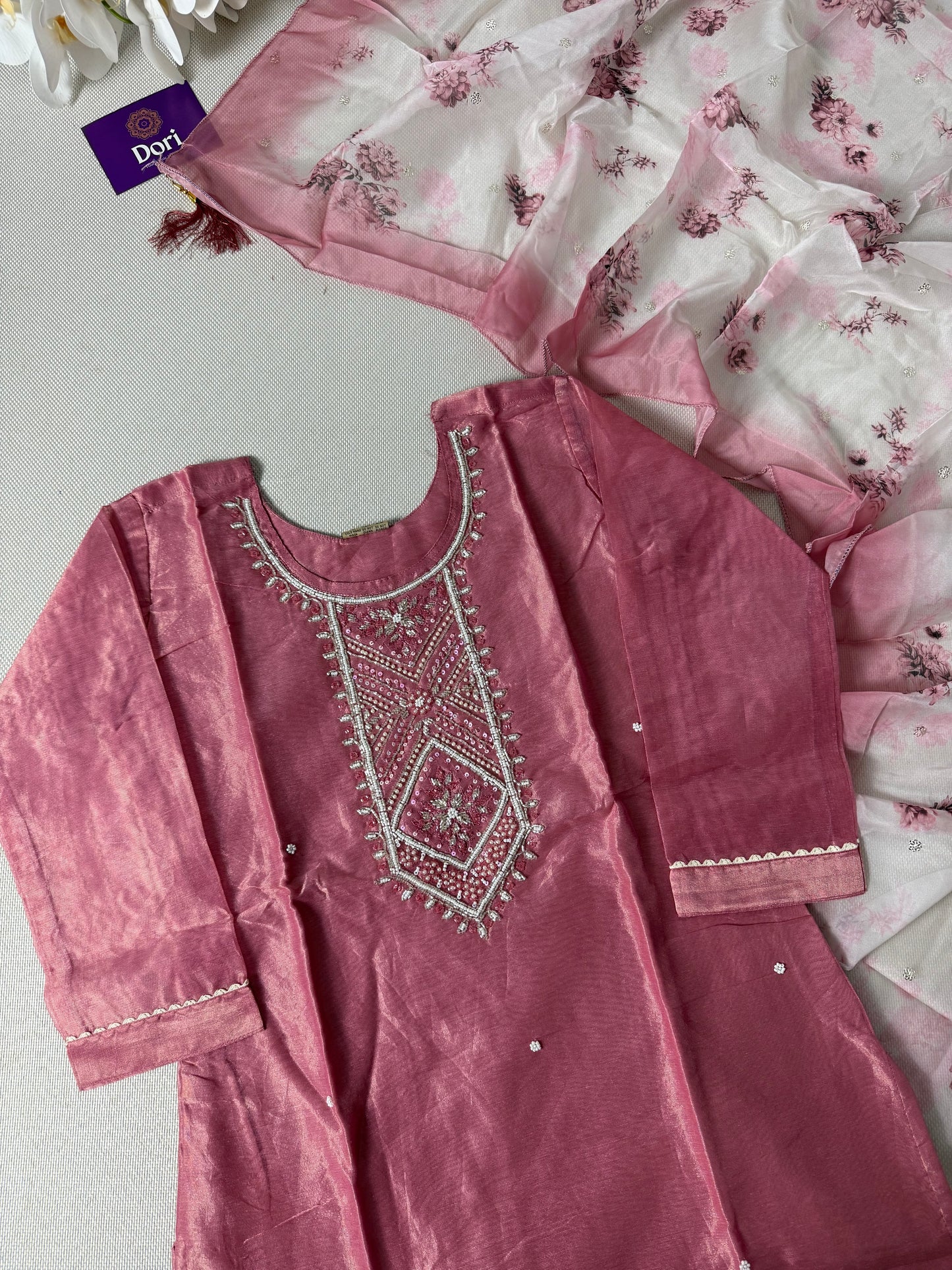 Blush pink shimmer jacquard suit