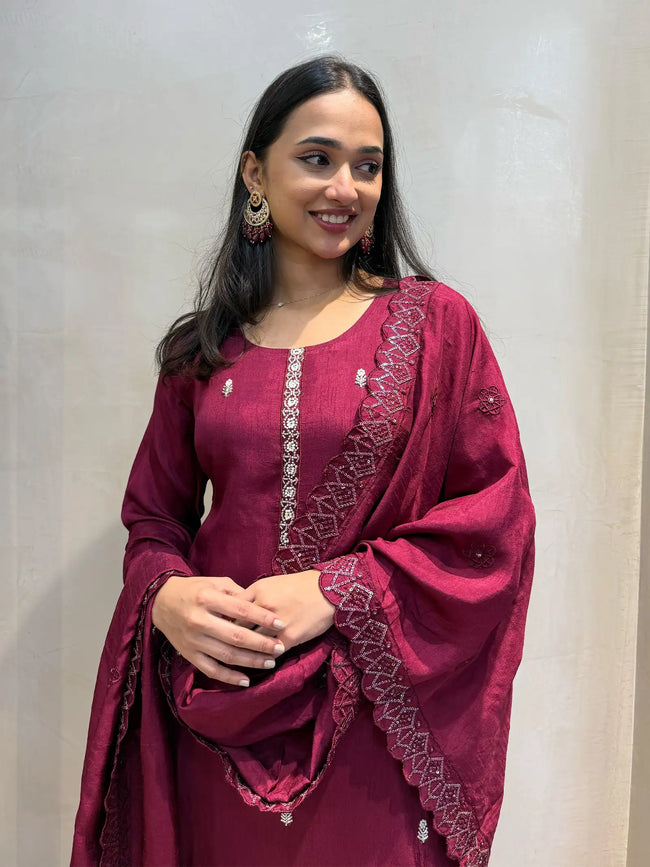 Maroon silk suit set Hover Image