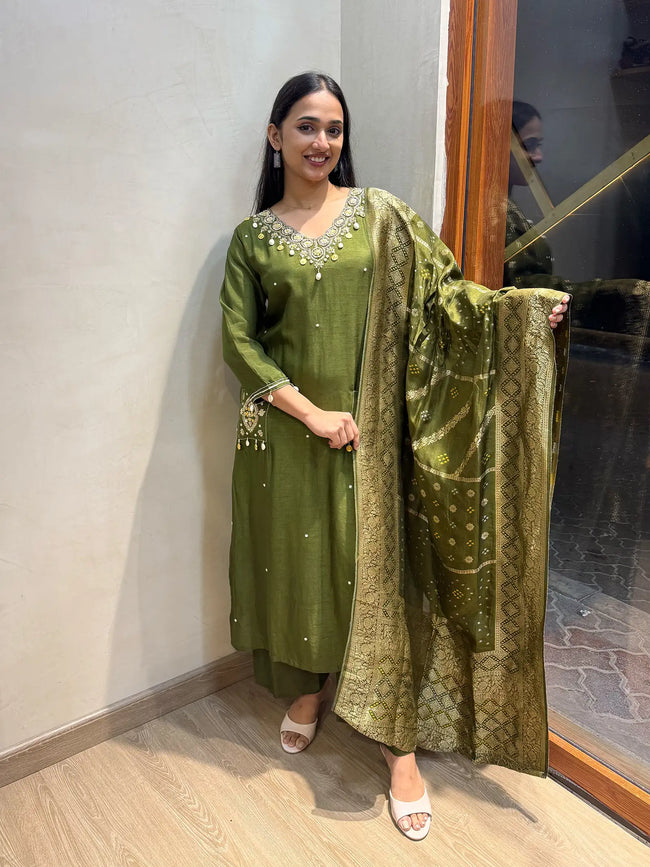 Premium Dola silk suit Hover Image