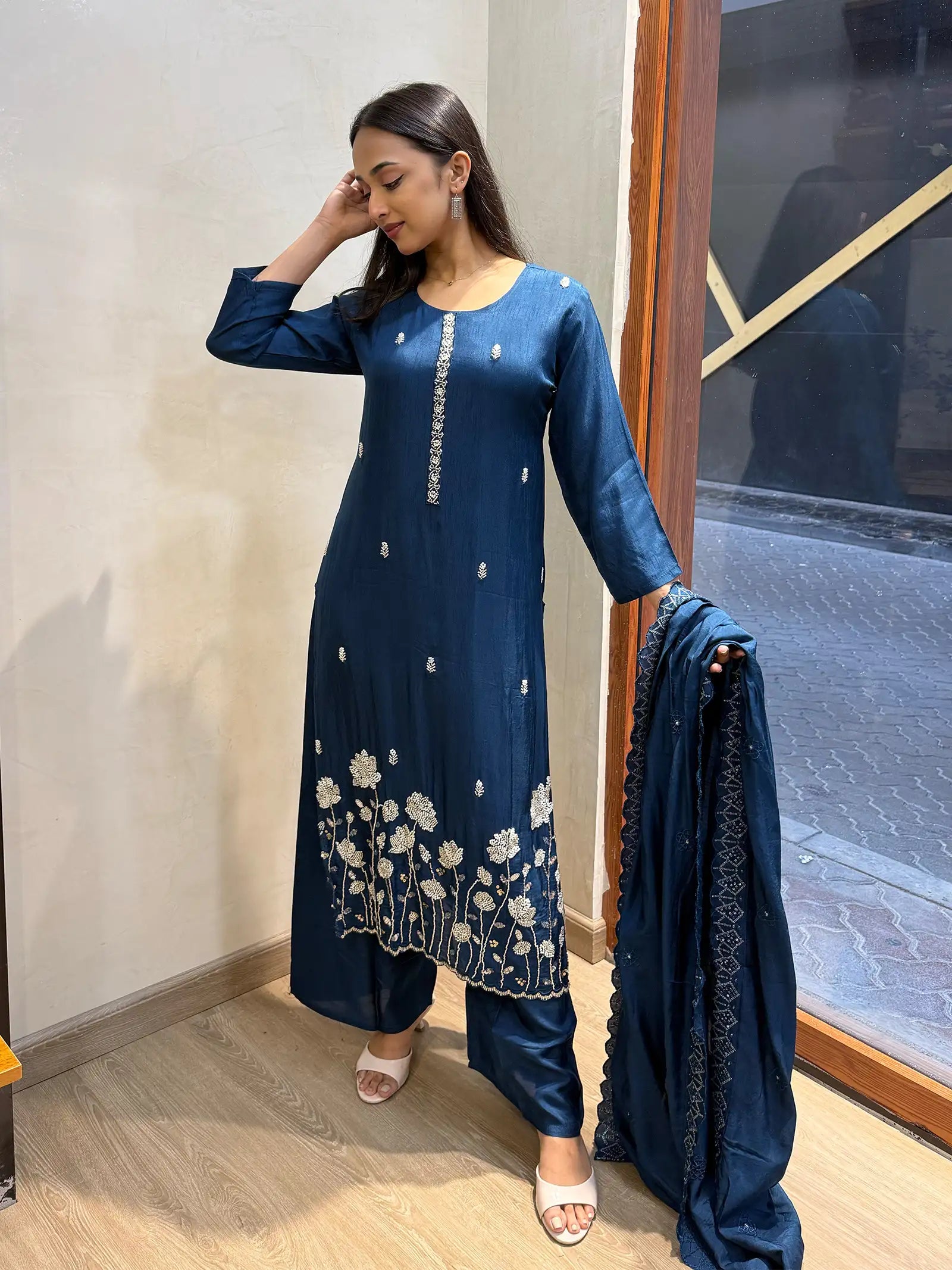 Blue silk suit set