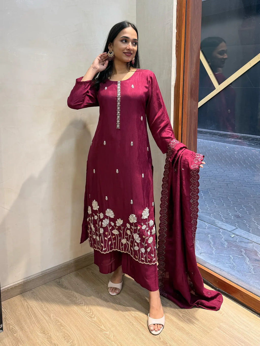 Maroon silk suit set