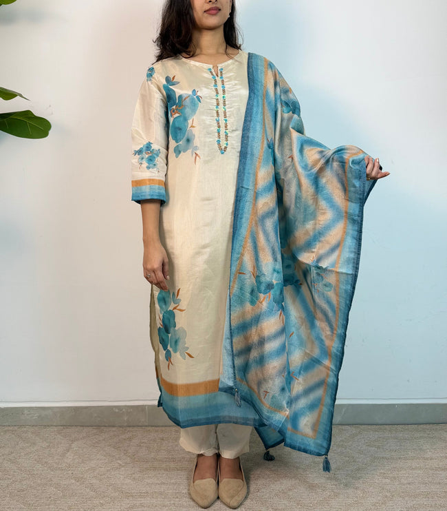 Shraddha Tissue silk suit Hover Image