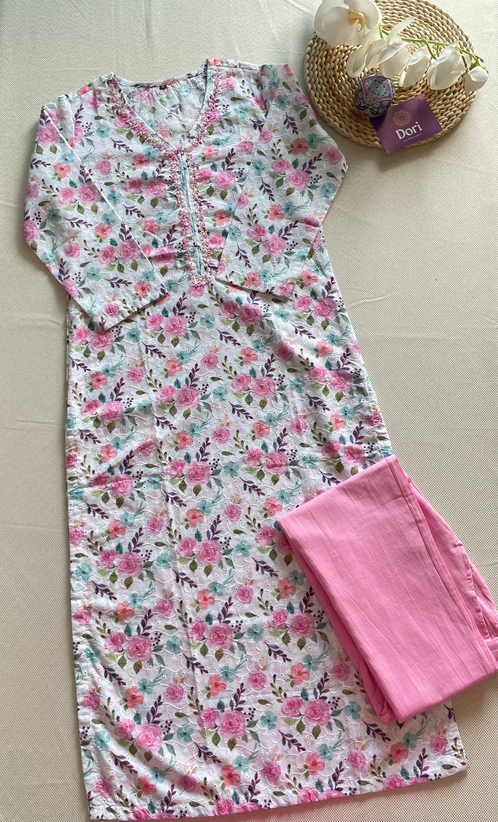 Schiffli cotton pant set