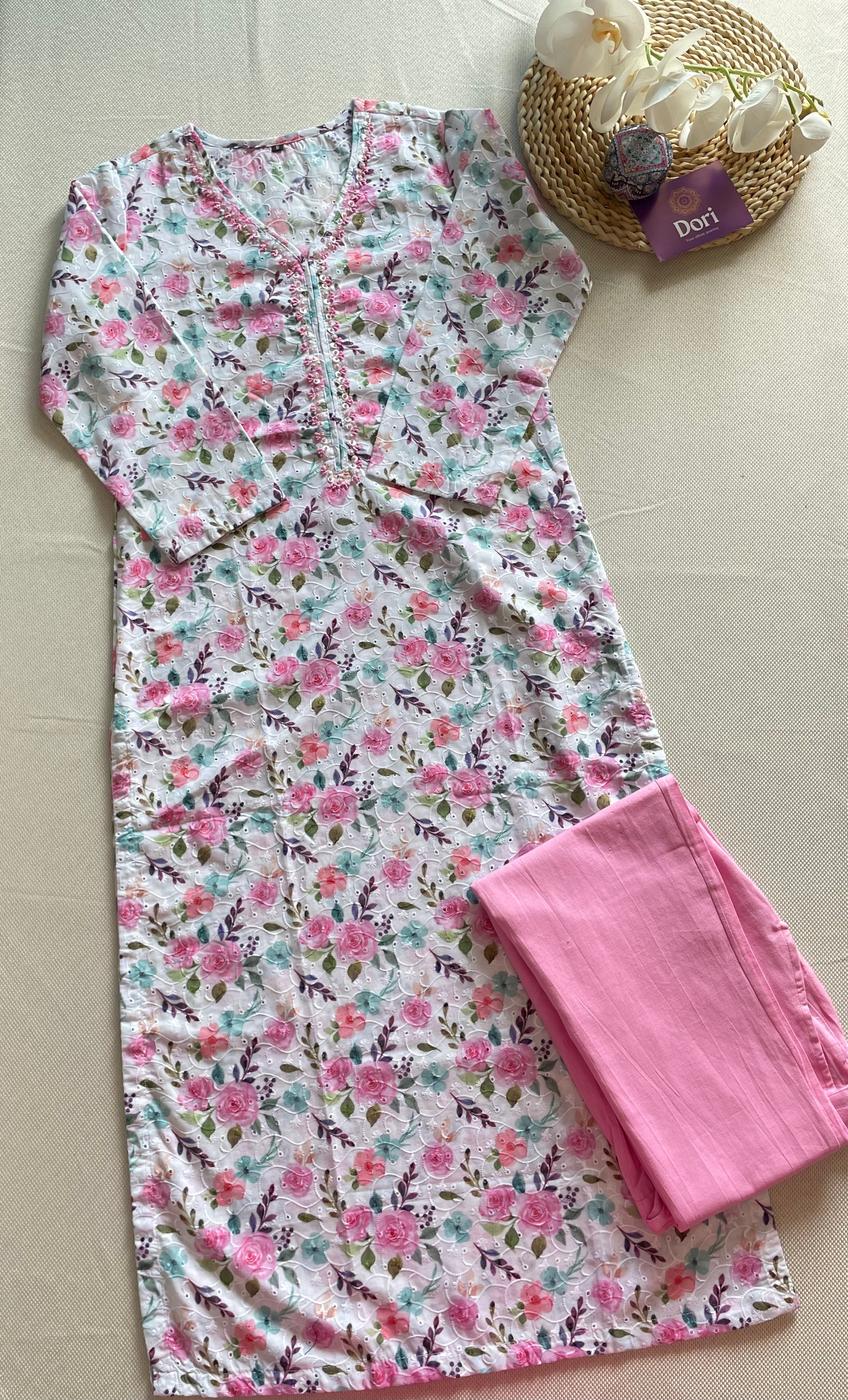 Schiffli cotton pant set