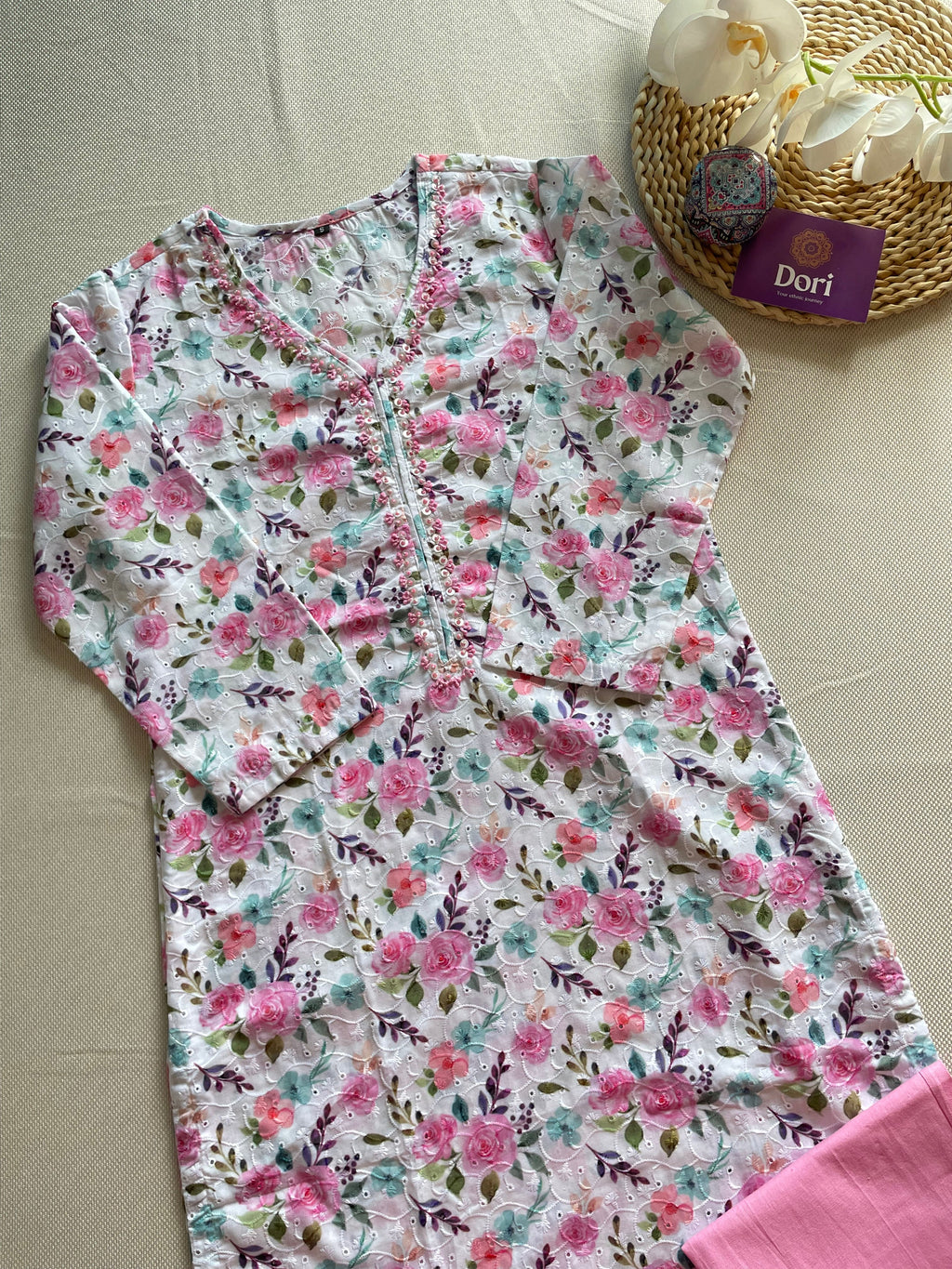 Schiffli cotton pant set