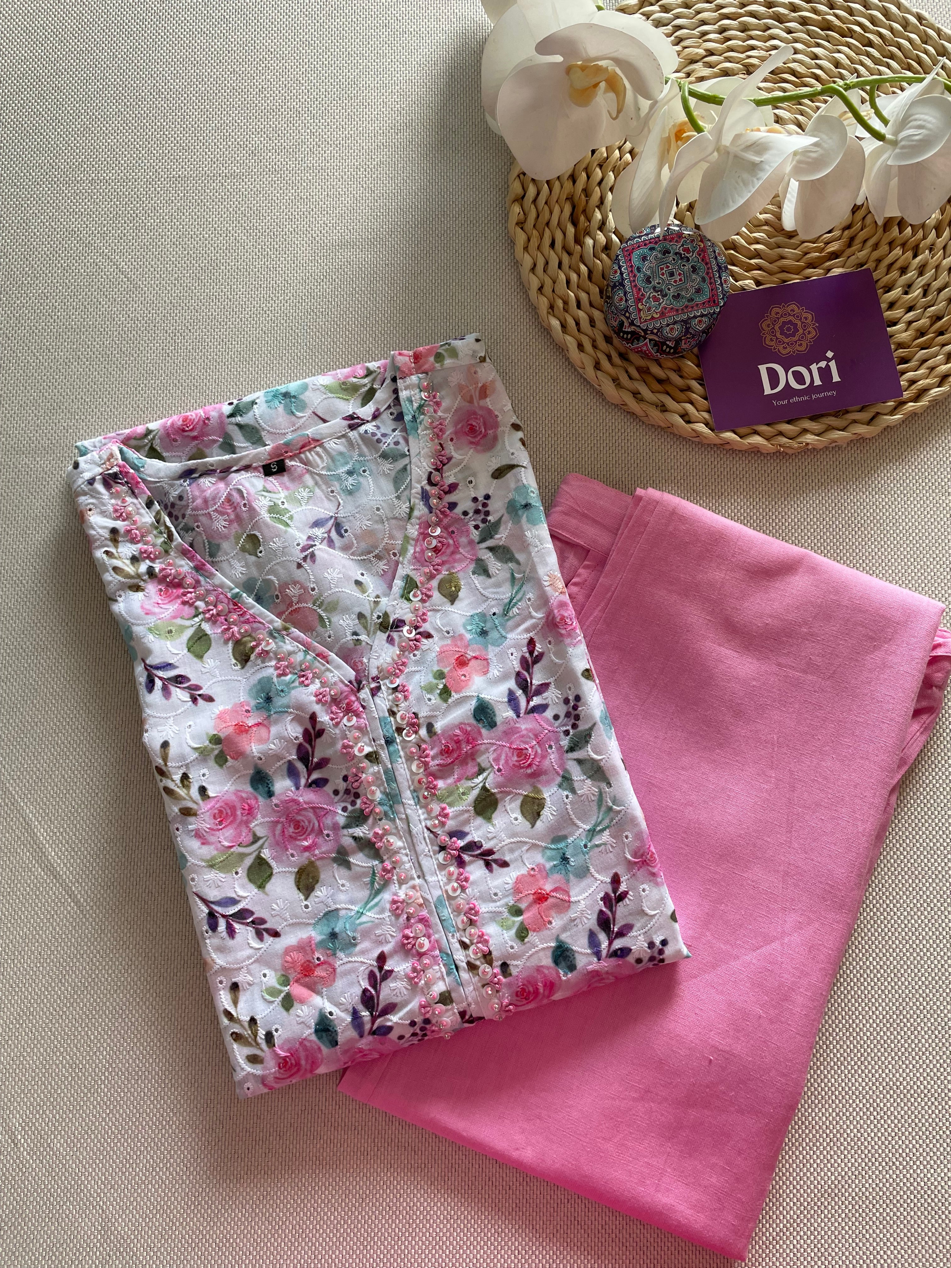 Schiffli cotton pant set