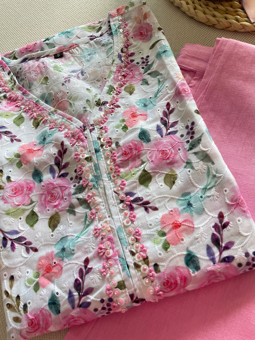 Schiffli cotton pant set