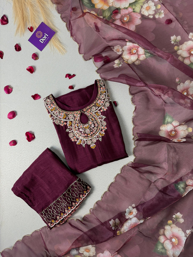 Heena Premium Dola silk hand work suit Hover Image